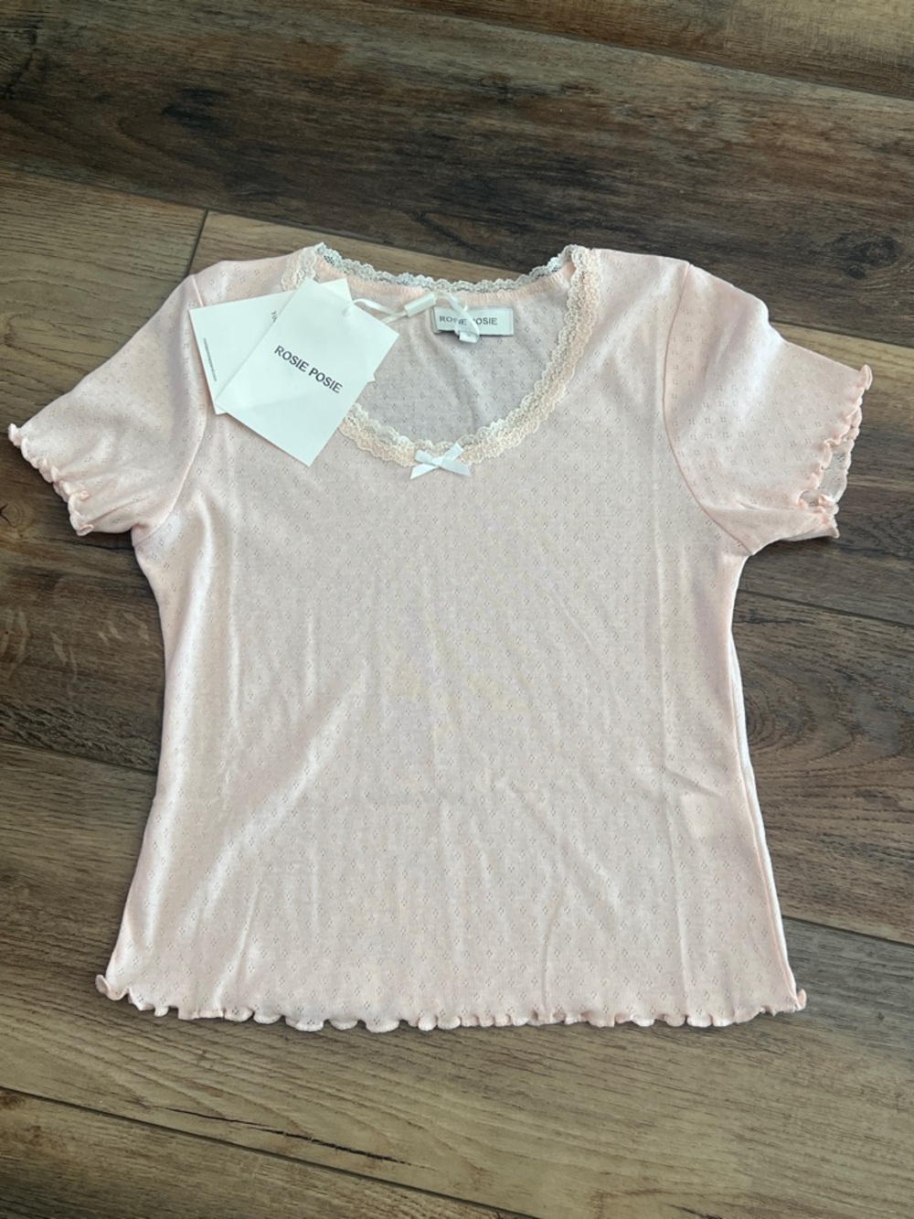 NWT Women's Blush Pink Pointelle Lace-Trim Short Sleeve Top blouse